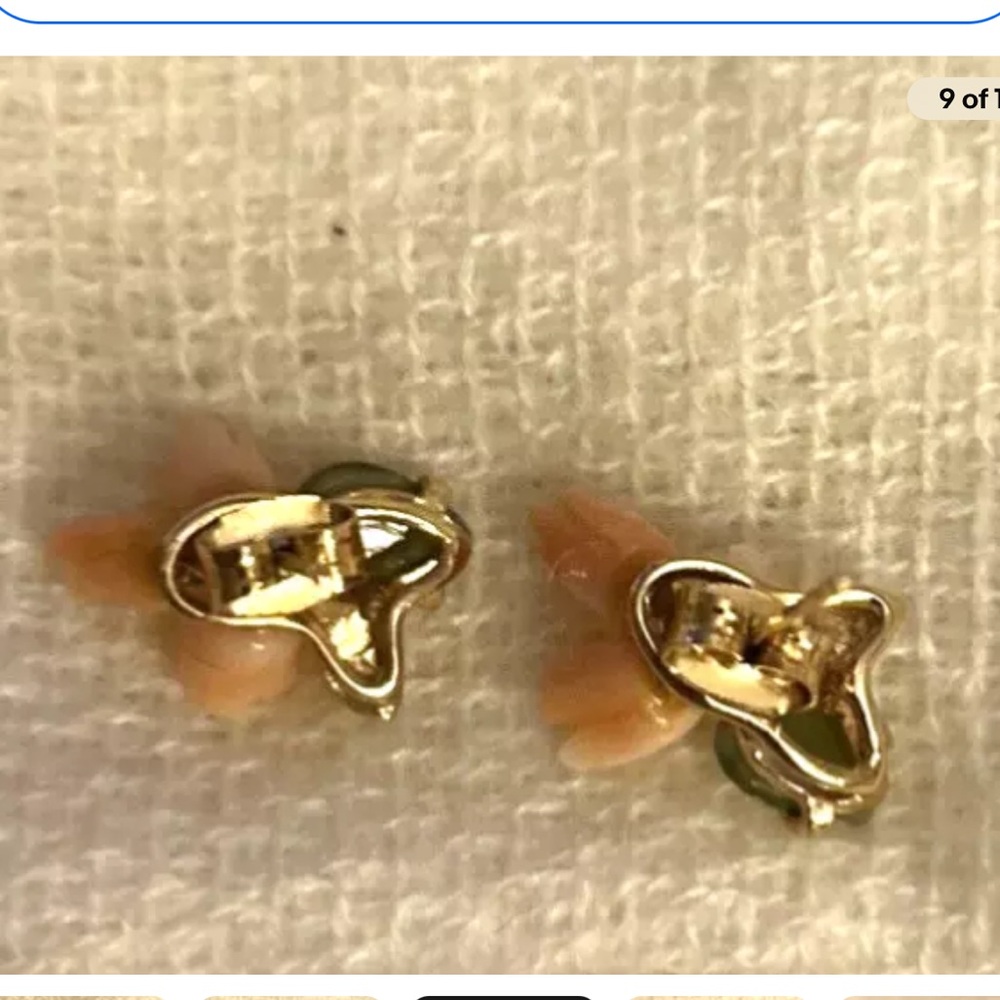 Vintage Carved Peach Coral Tulip Flower Jade Leaves Pierced Earrings - Picture 9 of 12